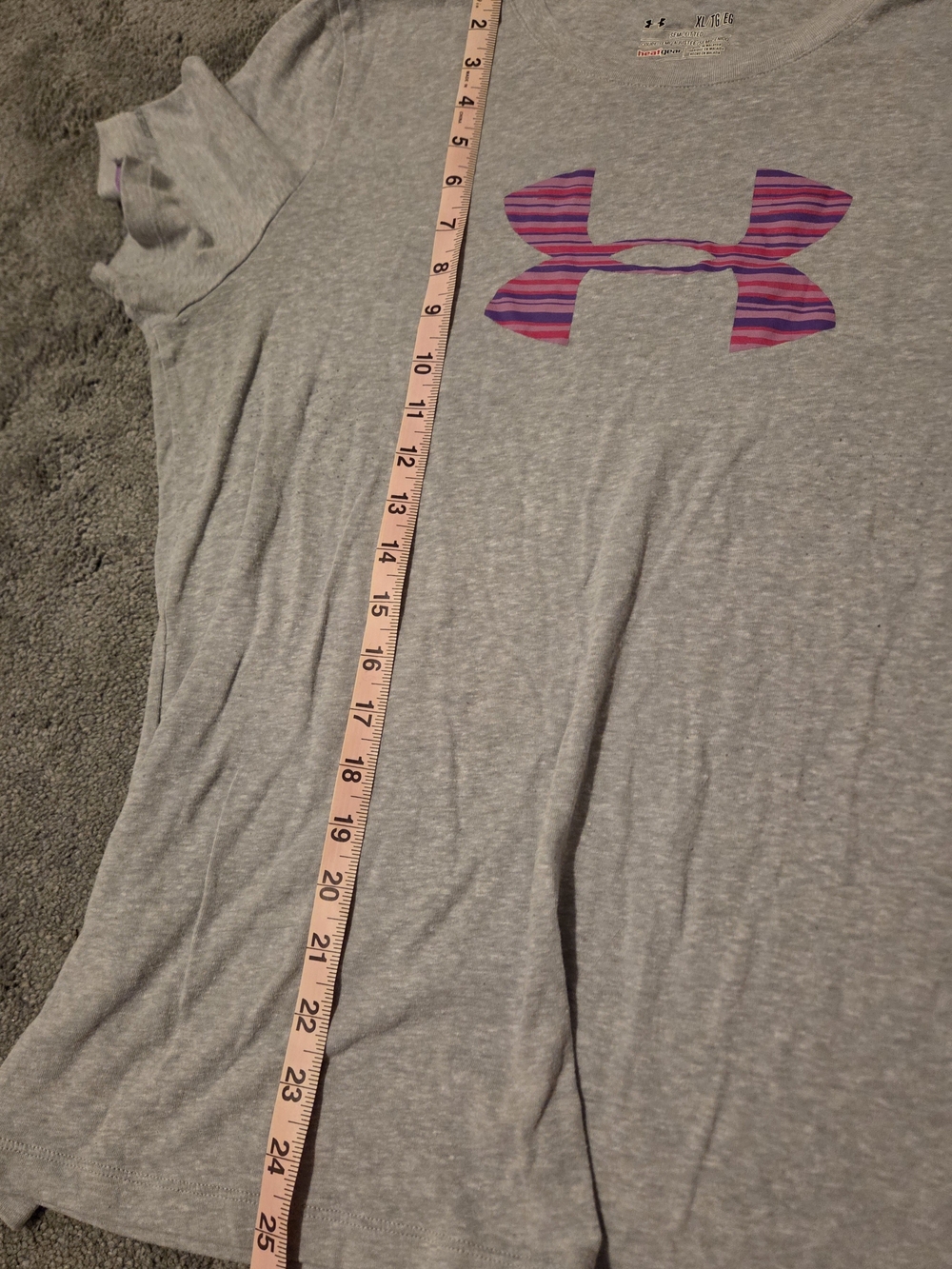 Under Armour Light Gray Tee with Pink & Purple Striped Logo - Picture 5 of 5